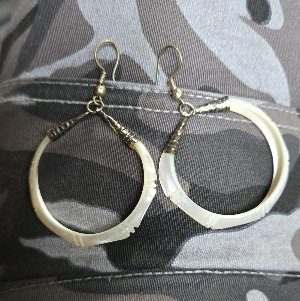 Abalone fresh shell & sterling Hoop Earrings - Picture 2 of 6